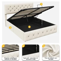 Lit Double Rembourré Avec Tête De Lit Et Sommier à Lattes En Velours,140x200 Cm,avec Rangement,beige