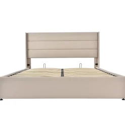 Lit Double Rembourré Hydraulique Lit De Rangement, Sommier à Lattes En Bois,beige, 180x200 Cm