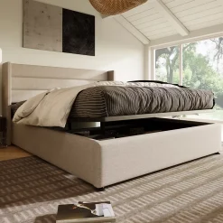 Lit Double Rembourré Hydraulique Lit De Rangement, Sommier à Lattes En Bois,beige, 180x200 Cm