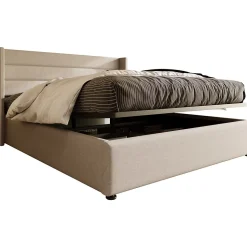 Lit Double Rembourré Hydraulique Lit De Rangement, Sommier à Lattes En Bois,beige, 180x200 Cm