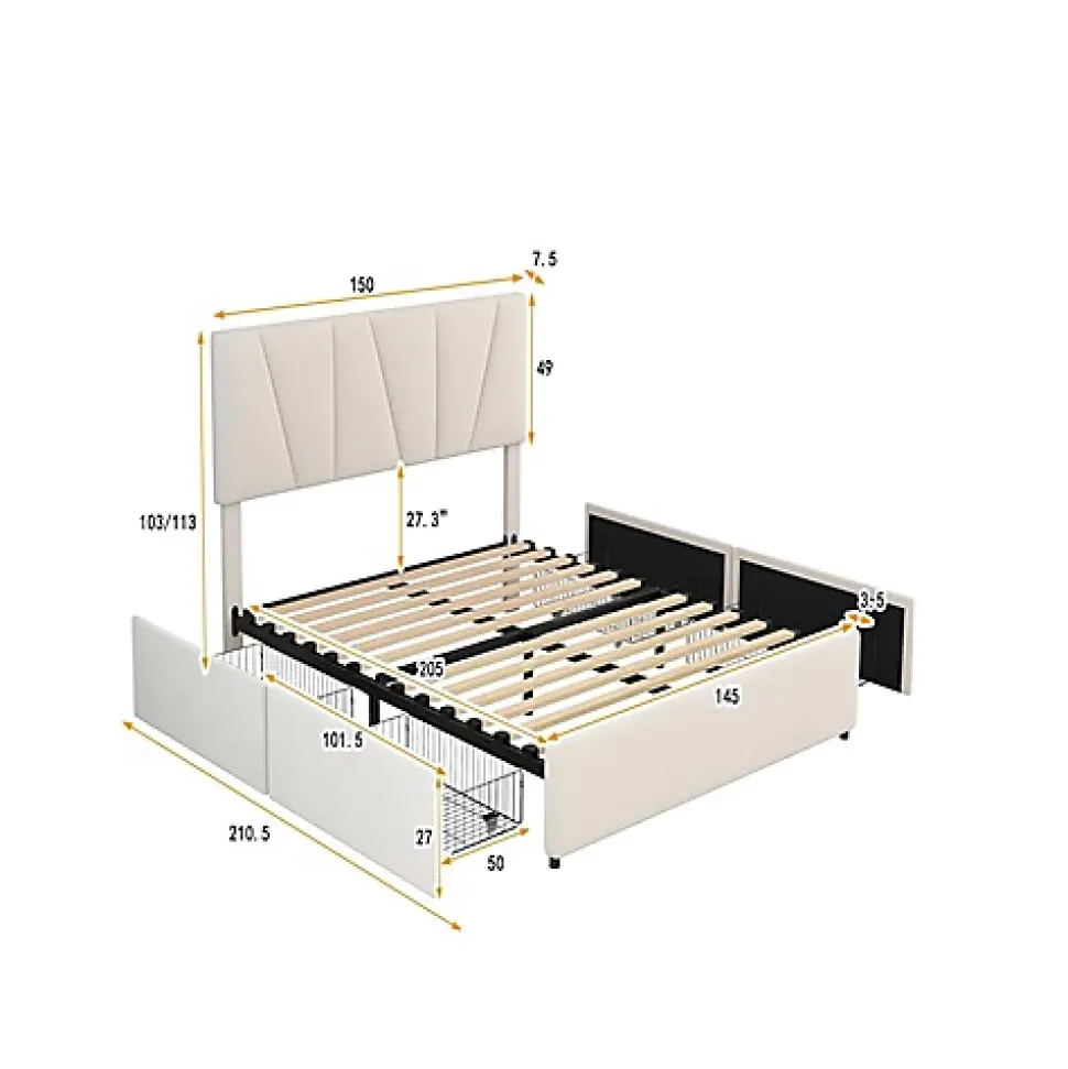 Lit Double Rembourré Velours 140x200cm Beige + Sommier à Lattes avec Cadre de lit Métal + Tête Réglable Chambre