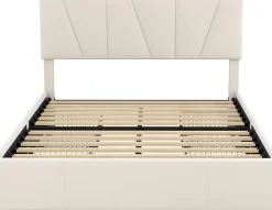 Lit Double Rembourré Velours 140x200cm Beige + Sommier à Lattes avec Cadre de lit Métal + Tête Réglable Chambre