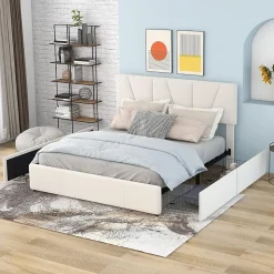 Lit Double Rembourré Velours 140x200cm Beige + Sommier à Lattes avec Cadre de lit Métal + Tête Réglable Chambre