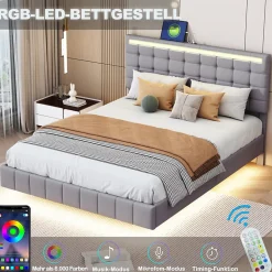 Lit double rembourré 140x200 cm, cadre de lit flottant, rembourré, avec LED, lin, gris