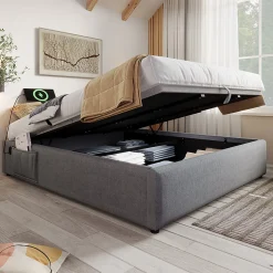 Lit double rembourré 140x200 cm, Lit de rangement Cadre de lit avec USB- C, Sans tête de lit, Coton, Gris,Sans matelas