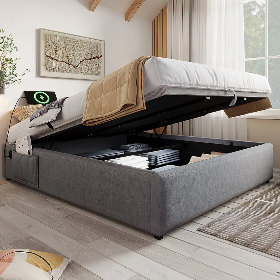 Lit double rembourré 140x200 cm, Lit de rangement Cadre de lit avec USB- C, Sans tête de lit, Coton, Gris,Sans matelas