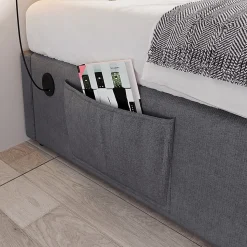 Lit double rembourré 140x200 cm, Lit de rangement Cadre de lit avec USB- C, Sans tête de lit, Coton, Gris,Sans matelas
