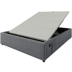 Lit double rembourré 140x200 cm, Lit de rangement Cadre de lit avec USB- C, Sans tête de lit, Coton, Gris,Sans matelas
