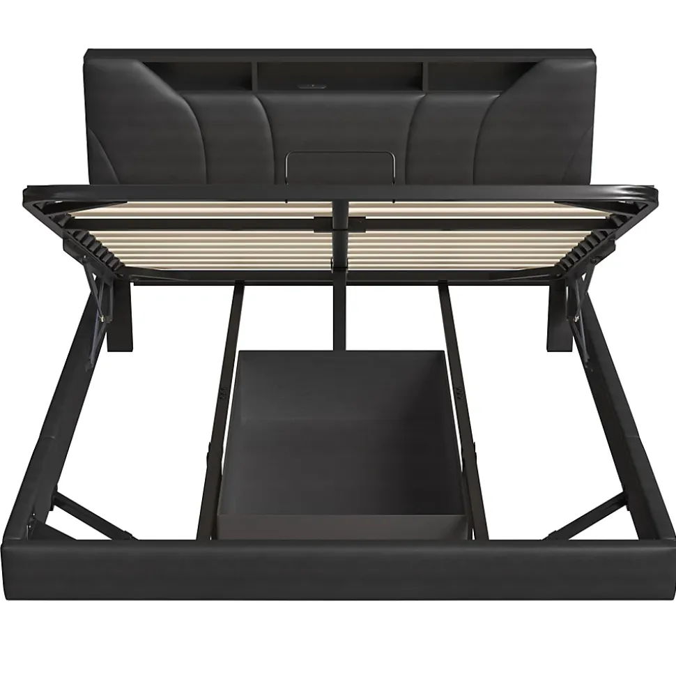 Lit double rembourré 140x200 cm, USB, LED, cadre avec tête de lit, rangement, coffre, polyuréthane gris.