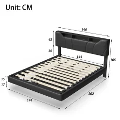 Lit double rembourré 140x200 cm, USB, LED, cadre avec tête de lit, rangement, coffre, polyuréthane gris.