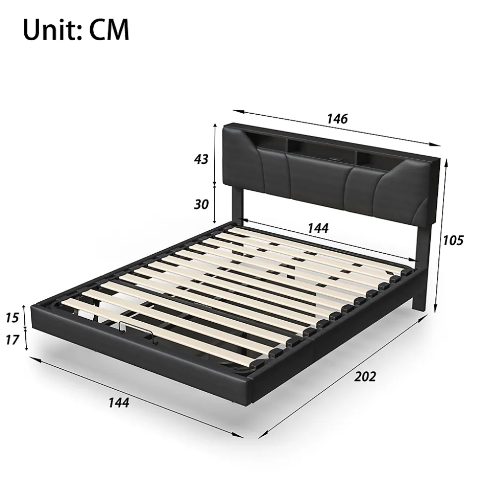 Lit double rembourré 140x200 cm, USB, LED, cadre avec tête de lit, rangement, coffre, polyuréthane gris.