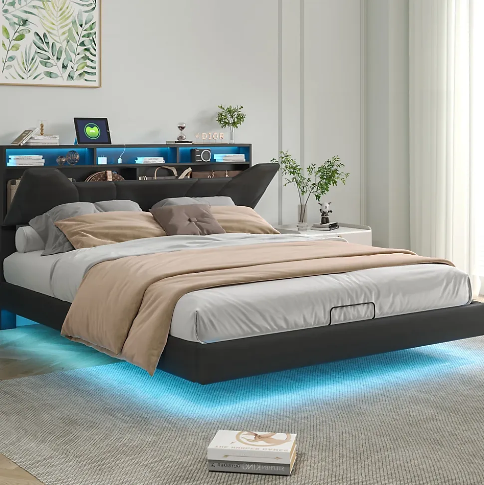 Lit double rembourré 140x200 cm, USB, LED, cadre avec tête de lit, rangement, coffre, polyuréthane gris.