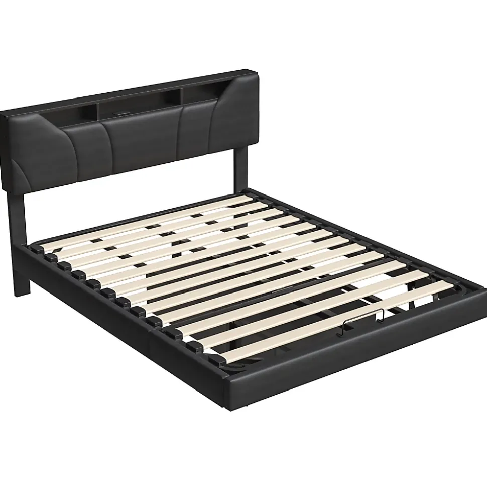 Lit double rembourré 140x200 cm, USB, LED, cadre avec tête de lit, rangement, coffre, polyuréthane gris.