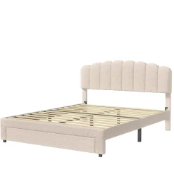 Lit double rembourré 160x200cm avec USB et grand tiroirs - tissu en sherpa - Beige