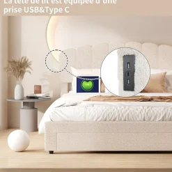 Lit double rembourré 160x200cm avec USB et grand tiroirs - tissu en sherpa - Beige