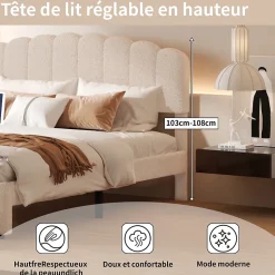 Lit double rembourré 160x200cm avec USB et grand tiroirs - tissu en sherpa - Beige