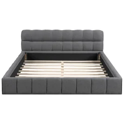 Lit double rembourré 140x190cm, avec dossier souple, lit plat avec encadrement rembourré et sommier à lattes, lin, gris