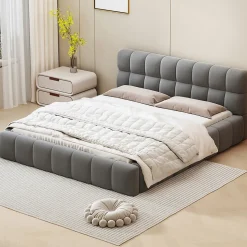 Lit double rembourré 140x190cm, avec dossier souple, lit plat avec encadrement rembourré et sommier à lattes, lin, gris