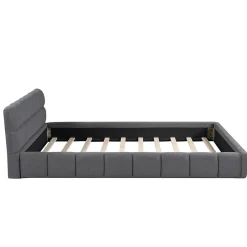 Lit double rembourré 140x190cm, avec dossier souple, lit plat avec encadrement rembourré et sommier à lattes, lin, gris