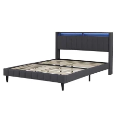 Lit Double Rembourré 140x200cm, Cadre de lit avec LED et Prise USB, sommier à Lattes, Gris