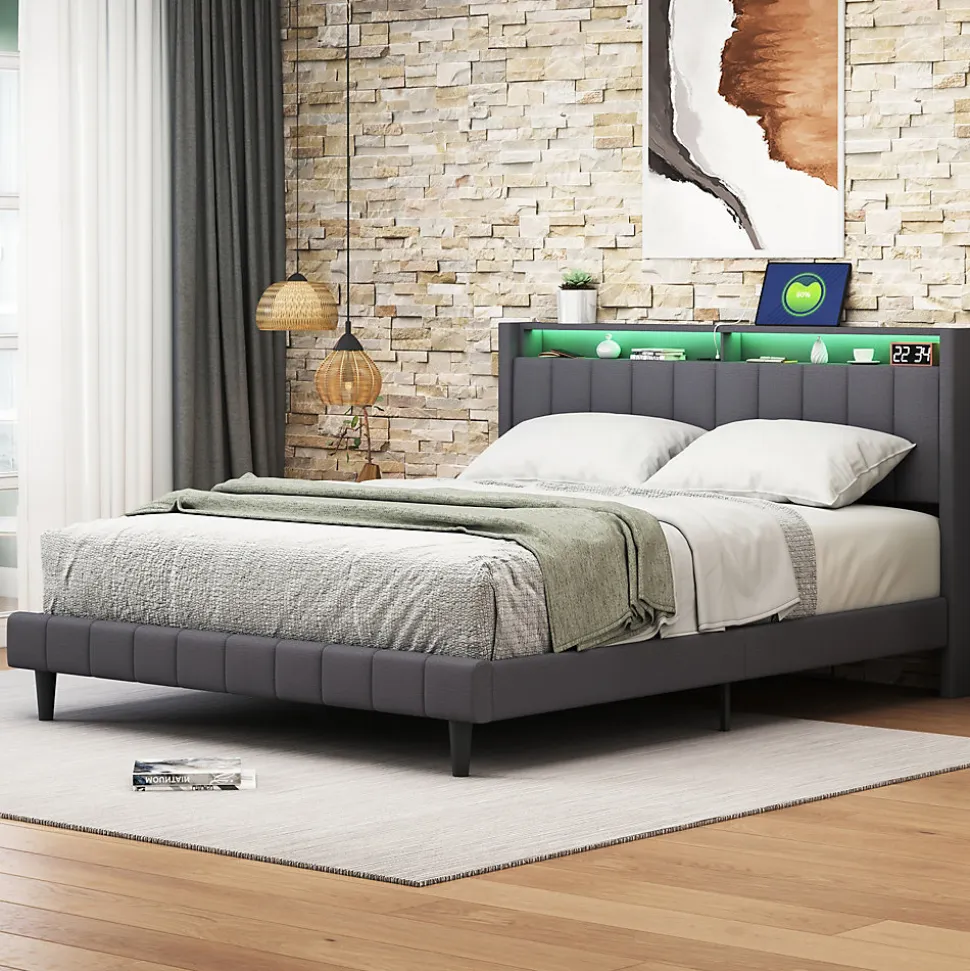 Lit Double Rembourré 140x200cm, Cadre de lit avec LED et Prise USB, sommier à Lattes, Gris