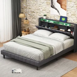 Lit Double Rembourré 140x200cm, Cadre de lit avec LED et Prise USB, sommier à Lattes, Gris