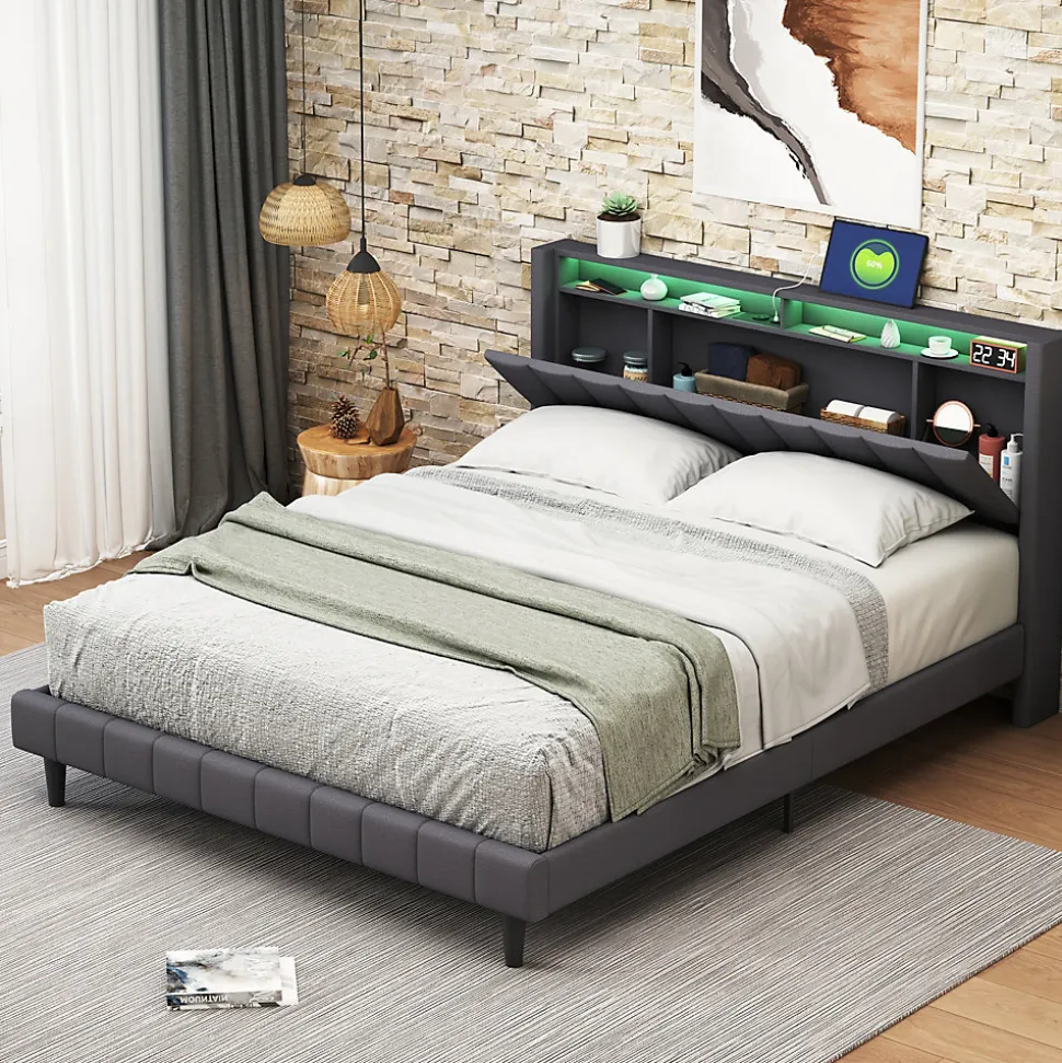 Lit Double Rembourré 140x200cm, Cadre de lit avec LED et Prise USB, sommier à Lattes, Gris