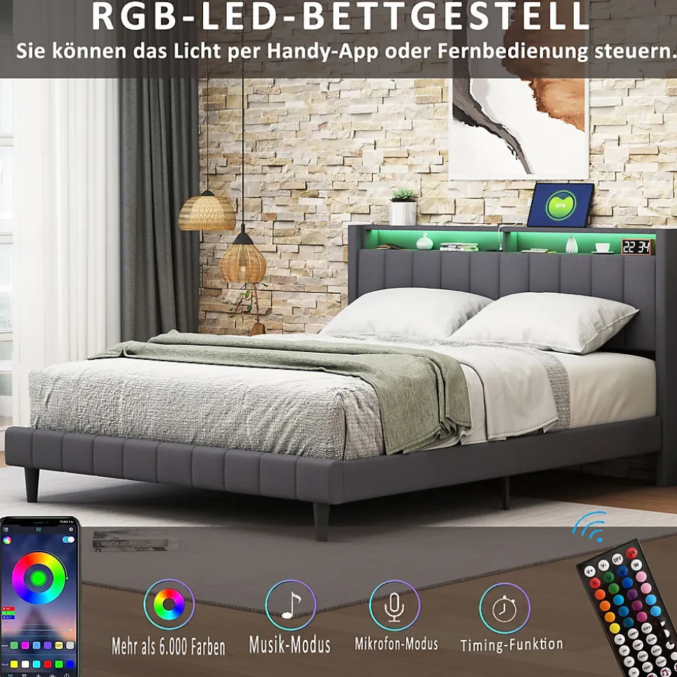 Lit Double Rembourré 140x200cm, Cadre de lit avec LED et Prise USB, sommier à Lattes, Gris