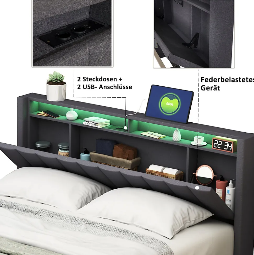 Lit Double Rembourré 140x200cm, Cadre de lit avec LED et Prise USB, sommier à Lattes, Gris