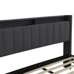 Lit Double Rembourré 140x200cm, Cadre de lit avec LED et Prise USB, sommier à Lattes, Gris