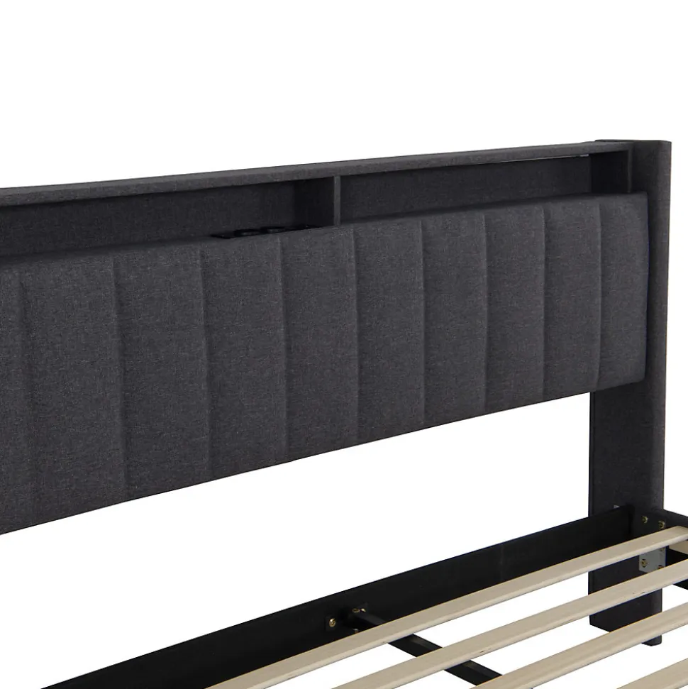 Lit Double Rembourré 140x200cm, Cadre de lit avec LED et Prise USB, sommier à Lattes, Gris