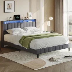 Lit Double Rembourré 160x200cm, Cadre de lit avec LED et Prise USB, sommier à Lattes, Gris