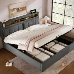 Lit double rembourré 160x200cm, lit de rangement, avec prise usb c fonction de chargement tête de lit,sommier à lattes, lin, gris