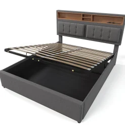 Lit double rembourré 160x200cm, lit de rangement, avec prise usb c fonction de chargement tête de lit,sommier à lattes, lin, gris