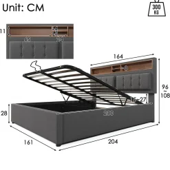Lit double rembourré 160x200cm, lit de rangement, avec prise usb c fonction de chargement tête de lit,sommier à lattes, lin, gris