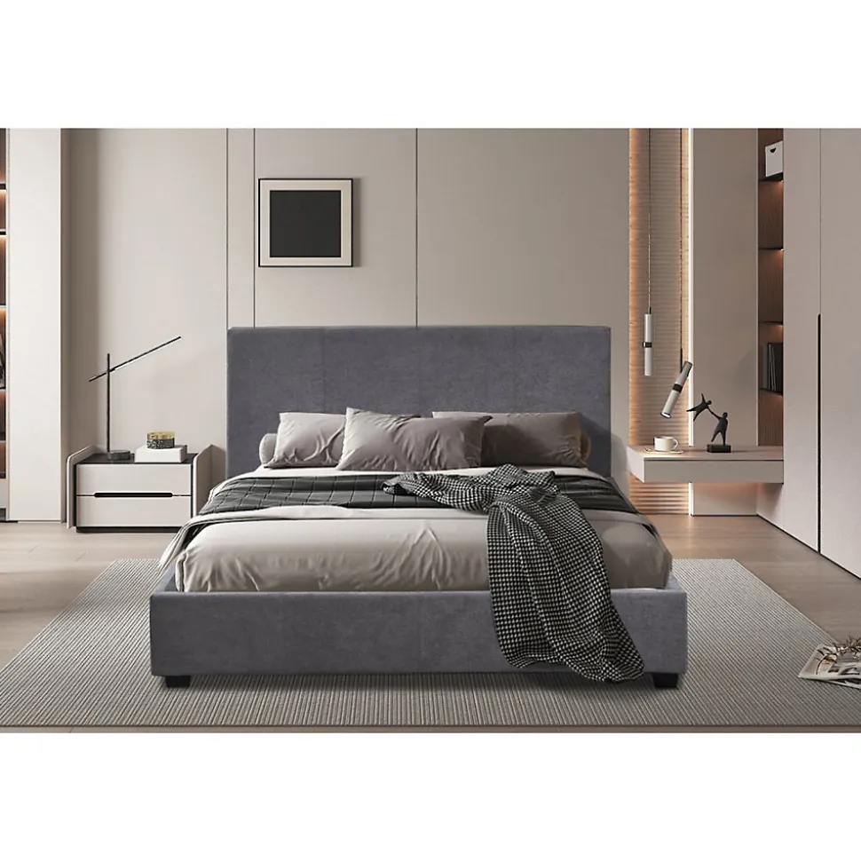 Lit double ROMA 140x200 cm PU gris Sommier inclus Design moderne Structure MDF