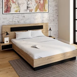 Lit double SANTA avec tête de lit + tables de chevet intégrées et sommier 140 x 190 cm bois et noir