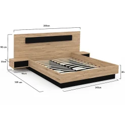 Lit double SANTA avec tête de lit + tables de chevet intégrées et sommier 140 x 190 cm bois et noir
