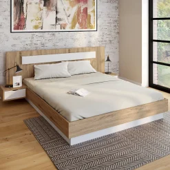 Lit double SANTA avec tête de lit + tables de chevet intégrées et sommier 160 x 200 cm bois et blanc