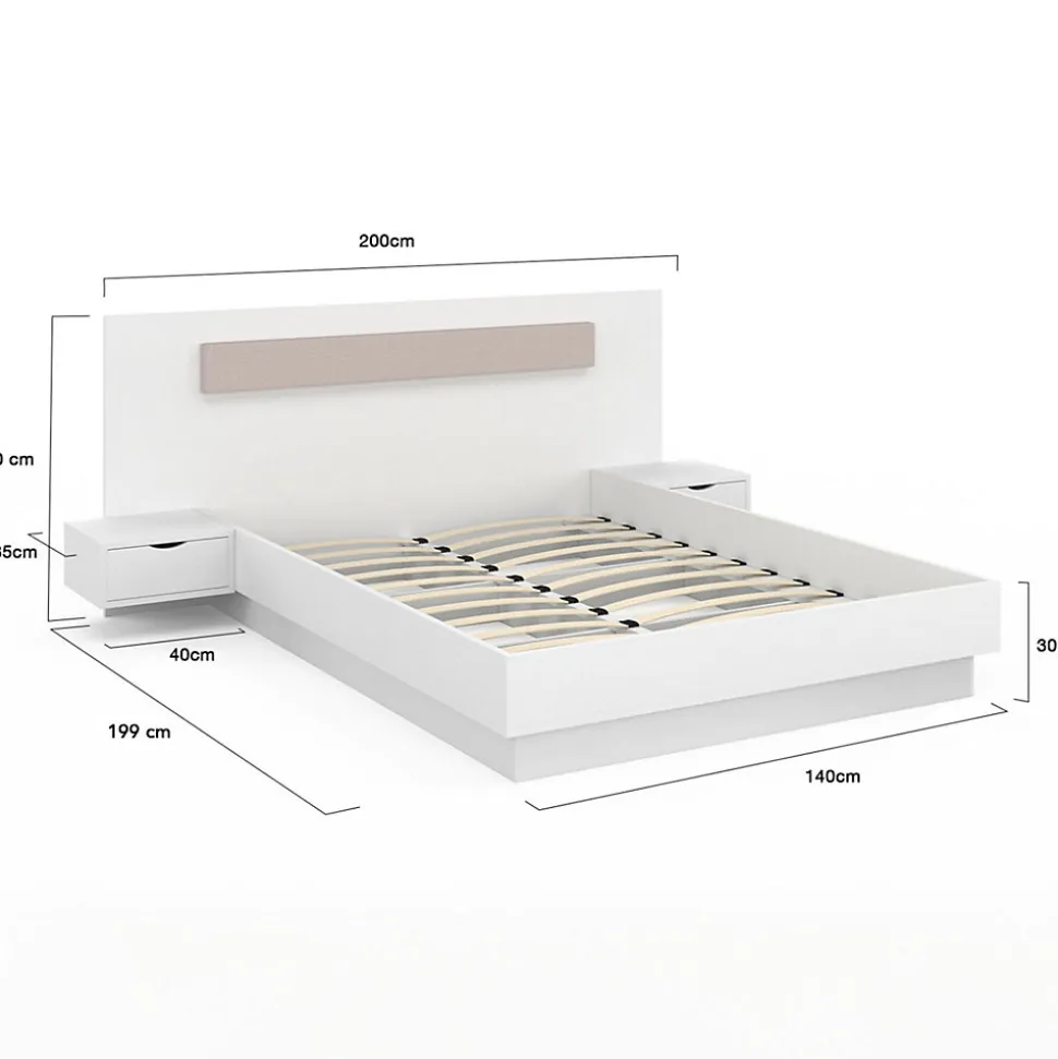 Lit double SANTA avec tête de lit + tables de chevet intégrées et sommier 140 x 190 cm blanc