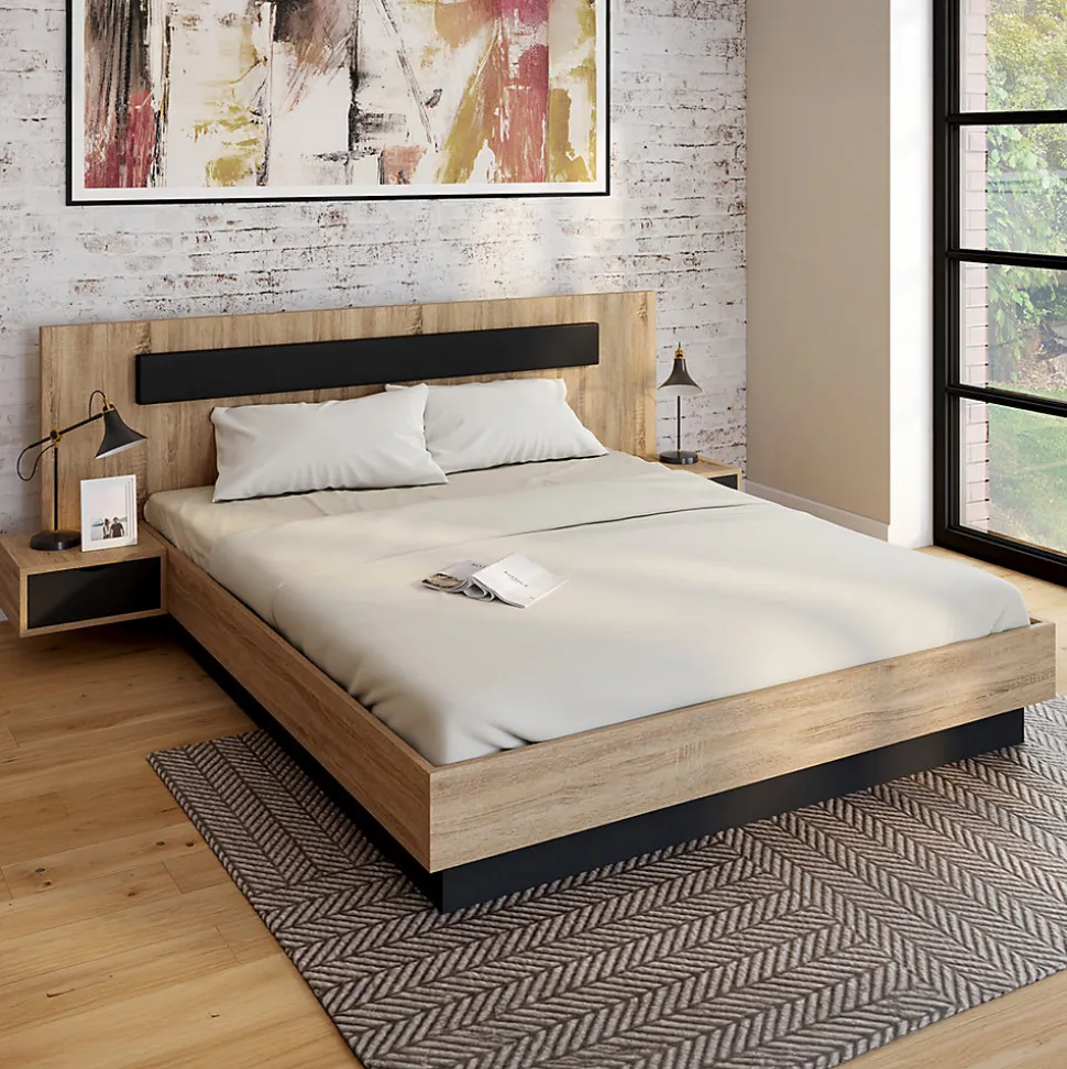 Lit double SANTA avec tête de lit + tables de chevet intégrées et sommier 160 x 200 cm bois et noir