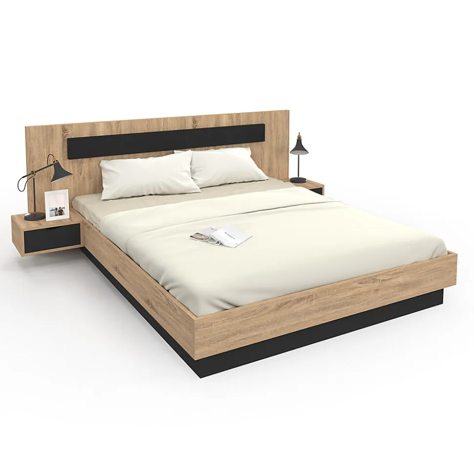 Lit double SANTA avec tête de lit + tables de chevet intégrées et sommier 160 x 200 cm bois et noir