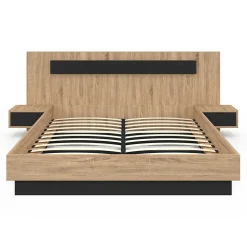 Lit double SANTA avec tête de lit + tables de chevet intégrées et sommier 160 x 200 cm bois et noir