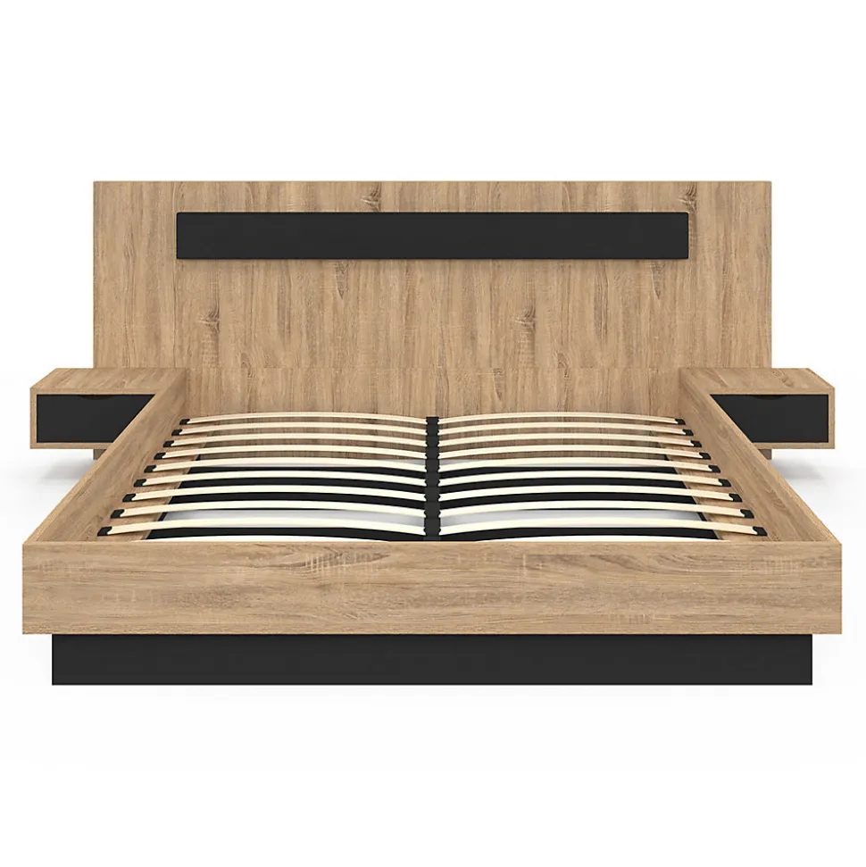 Lit double SANTA avec tête de lit + tables de chevet intégrées et sommier 160 x 200 cm bois et noir