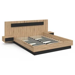 Lit double SANTA avec tête de lit + tables de chevet intégrées et sommier 160 x 200 cm bois et noir