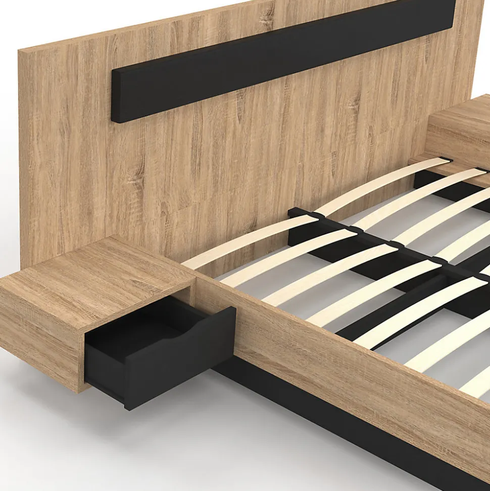 Lit double SANTA avec tête de lit + tables de chevet intégrées et sommier 160 x 200 cm bois et noir