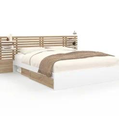 Lit double SAVANA avec tête de lit, chevets, rangements et sommier 160 x 200 cm façon hêtre et blanc