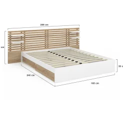 Lit double SAVANA avec tête de lit, chevets, rangements et sommier 160 x 200 cm façon hêtre et blanc