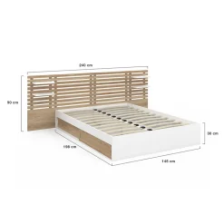 Lit double SAVANA avec tête de lit, chevets, rangements et sommier 140 x 190 cm hêtre et blanc