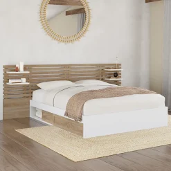 Lit double SAVANA avec tête de lit, chevets, rangements et sommier 140 x 190 cm hêtre et blanc